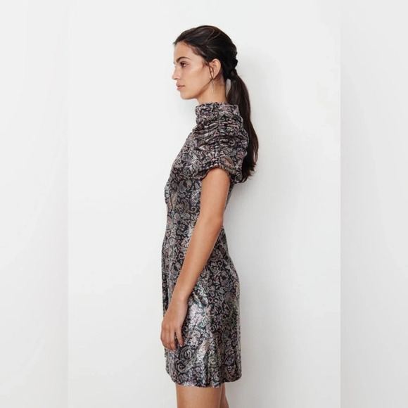 ba&sh Gala Metallic Cross Top Gathered Puff Sleeve Mini Dress - Picture 15 of 15